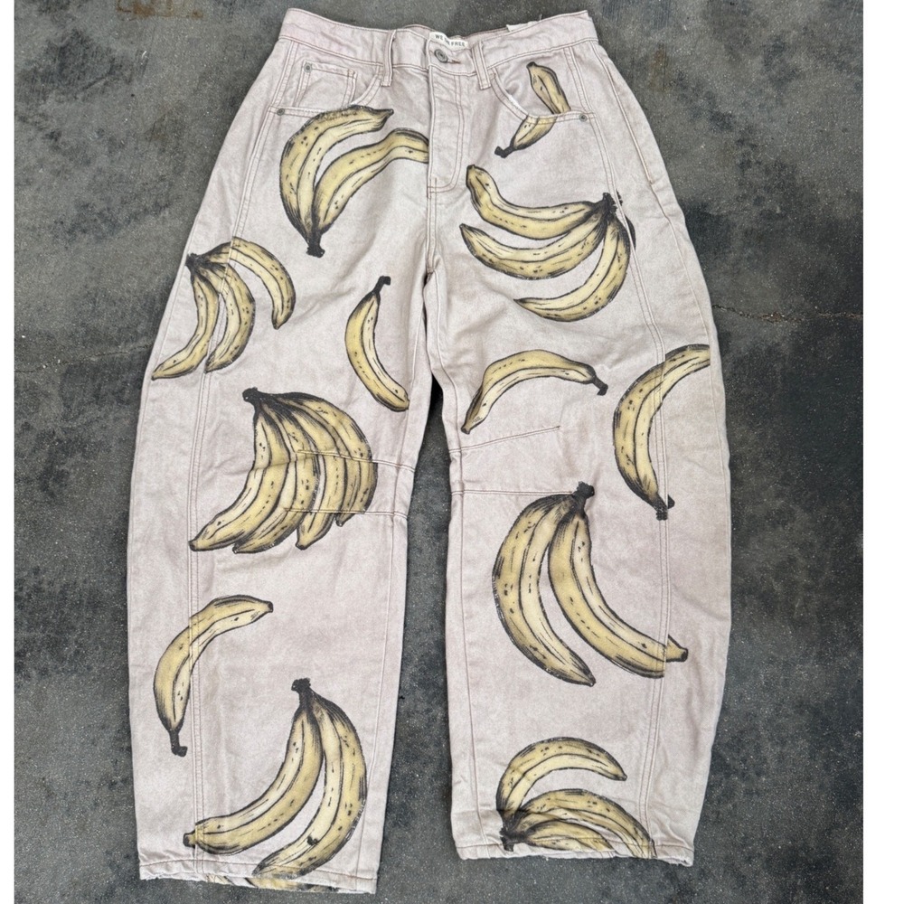 We The Free People Good Luck Barrel Jeans Go Bananas Funk n Junk Print Size 26